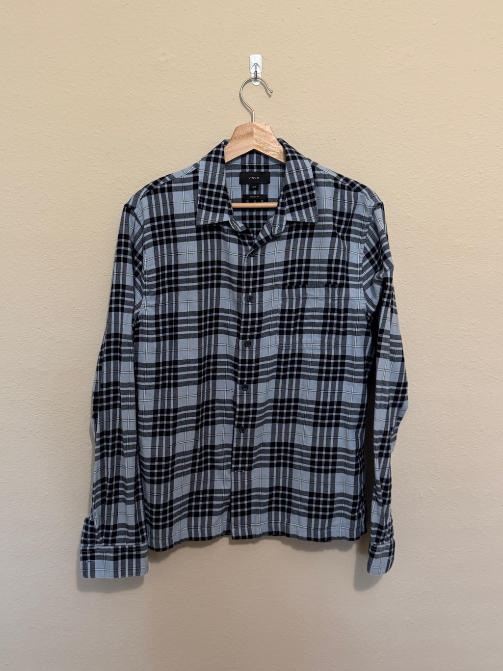 Vince Men's Black And Blue Plaid Flannel Button-Down Shirt Size M